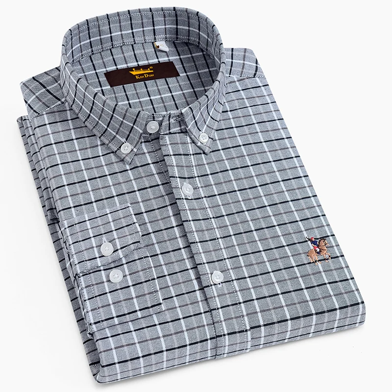 Men's Plaid Checked Oxford Button-down Shirt Embroidered Logo Standard-fit Long Sleeve Comfortable Soft Cotton Casual Shirts Men's Plaid Checked Oxford Button-down Shirt Embroidered Logo Standard-fit Long Sleeve Comfortable Soft Cotton Casual Shirts