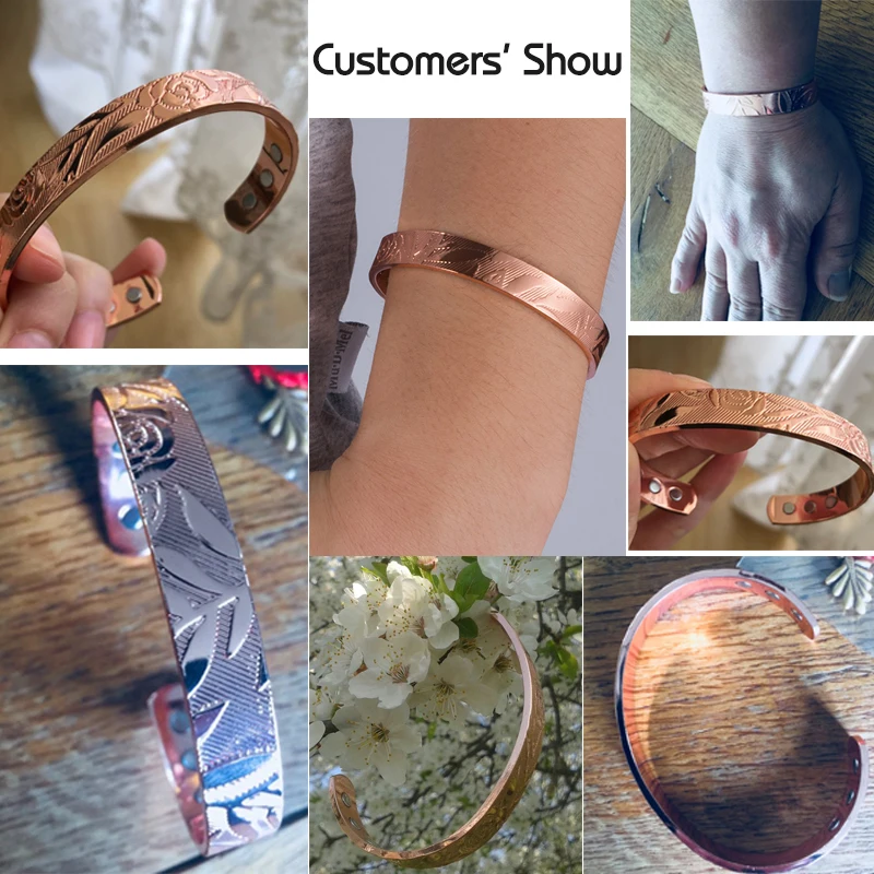 Vinterly Magnetic Bracelets Rose Copper Adjustable Cuff Bangles Women Men Energy Jewelry Resizable Pain Relief for Arthritis 6