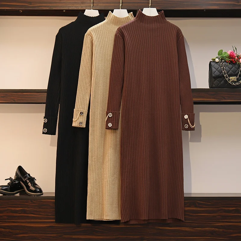 

EHQAXIN Womens Sweater Dresses Autumn Winter Half High Neck Personality Chain Button Straight Long Knitted Dress L-4X