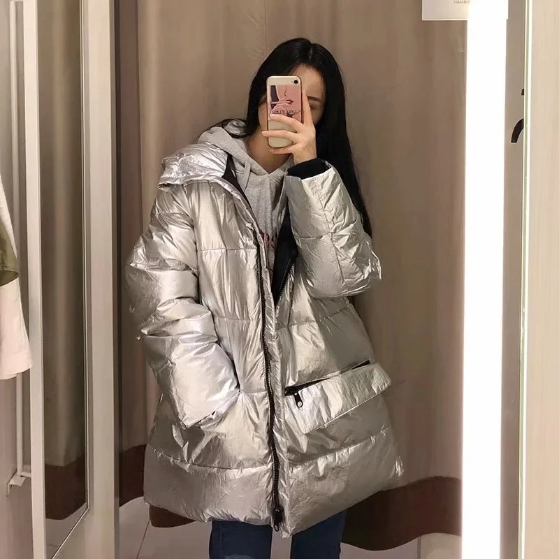 Увядшее зимнее пальто для женщин, английская Высокая уличная винтажная Серебряная блестящая водонепроницаемая и ветрозащитная Толстая теплая парка, женское короткое пальто