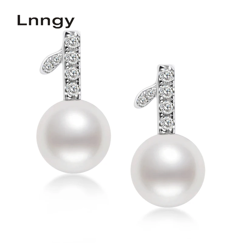 

Lnngy 925 Sterling Silver 6-6.5mm Natural Cultured Freshwater Pearl Leaf Stud Earrings for Lady Wedding Party Stud Earrings
