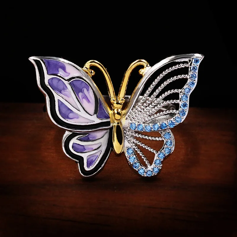 

New Unique Two-color Hollow Oil Painting Butterfly Ladies Asymmetric Ring 925 Silver Ring Wedding Bride Jewelry Birthday Gift
