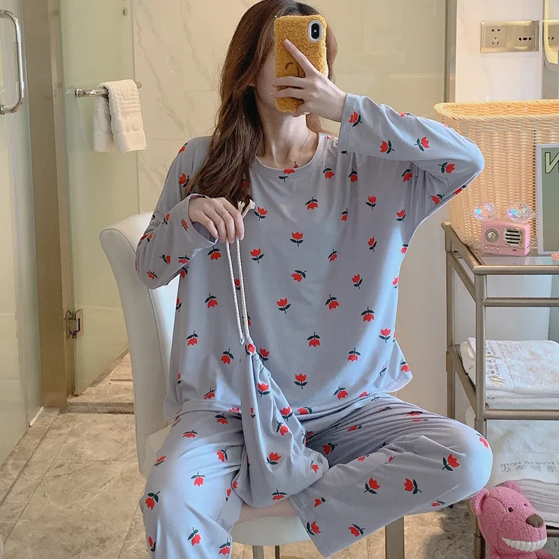 

Pajamas Women's Spring And Autumn Korean-style Students Long Sleeve Cute Small Red Flowers Home Wear Thin Sweet-Outer Wear Two-P