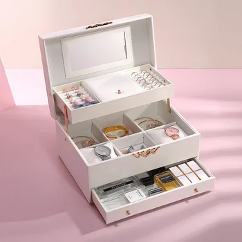

Classical fashion women white color leather jewelry box top quality jewelry Makeup Organizer Box Jewelry Storage Case 200807-53