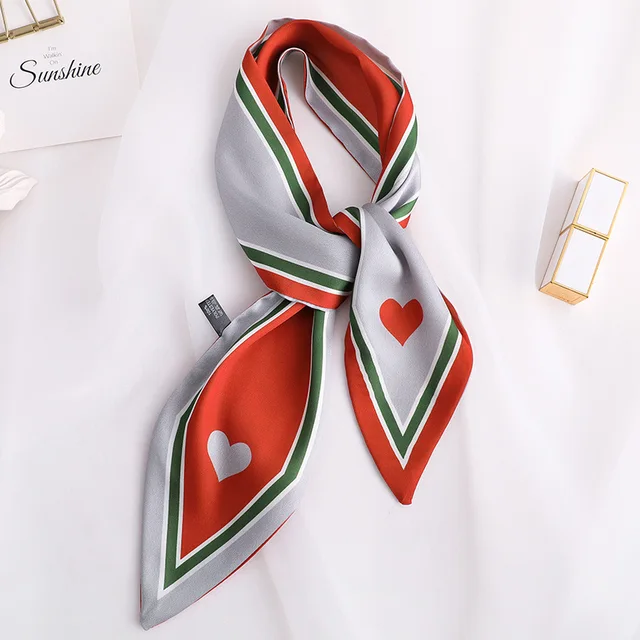 Sweet Love Print Women Small Silk Scarf Handle Bag Ribbons Female Head Scarves Sharp angle Green 90*10cm 32