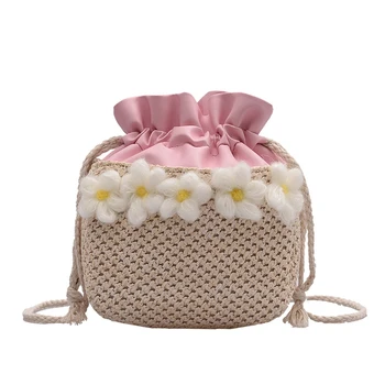 

2020 Women Fashion Woven Small Crossbody Bag Cute Flower Drawstring Bucket Bag Portable Shoulder Purse for Summer Holiday
