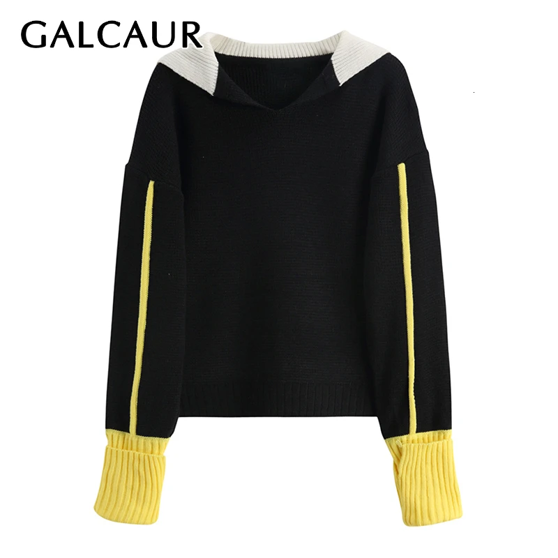 GALCAUR Patchwork Hit Color Female Sweaters Scarf Collar Long Sleeve Slim Knitted Pullover Sweater Women Clothes 2020 Fashion | Женская