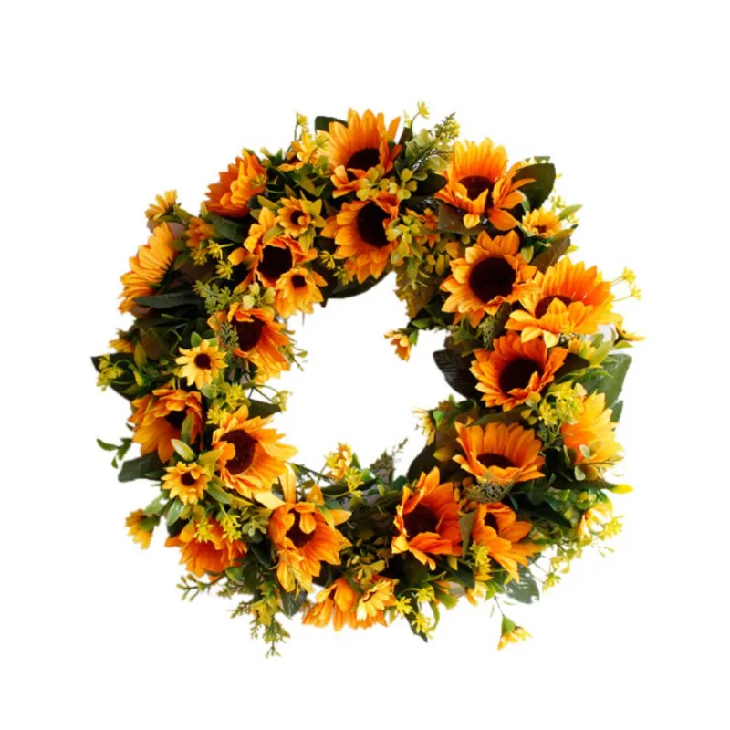 

40 cm Artificial Sunflower Wreath Flower Wreath With Yellow Sunflower And Green Leaves Front Door Wall Window Wedding Decoration
