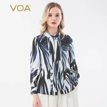 

VOA Heavyweight Silk 30mm Graffiti Printed Floating Led Long Sleeve Single Breasted Light Blue Covered Edge Fashion Shirt B9366