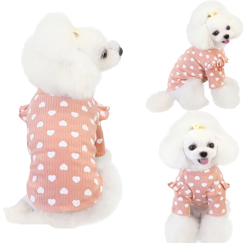 Pink Beige Gray Cotton Pet Clothes Puppy Hoodies Tshirt Heart Pattern O-neck Lace Short Sleeve Sweater Sweatshirt For Small Dogs pet clothes