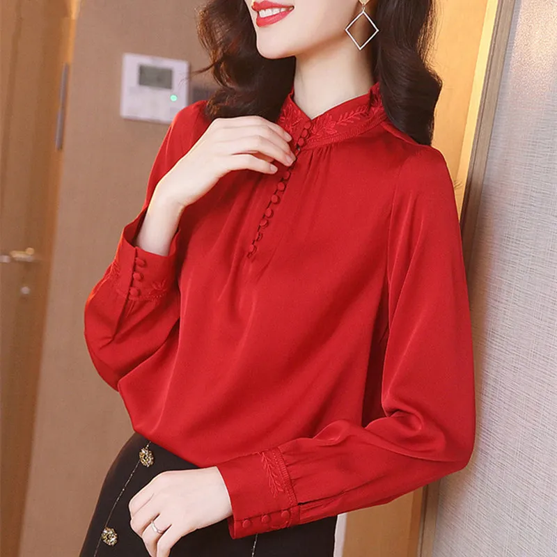 

Korean Silk Women Blouses Women Long Sleeve Shirts Woman Red Shirt Satin Silk Blouse OL Tops Plus Size Blusas Mujer De Moda 2020