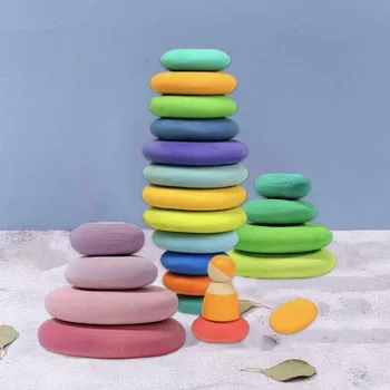 

Children Wooden Colored Stone Building Block Educational Toy Creative Nordic Style Stacking Block Game Rainbow Wooden Toy