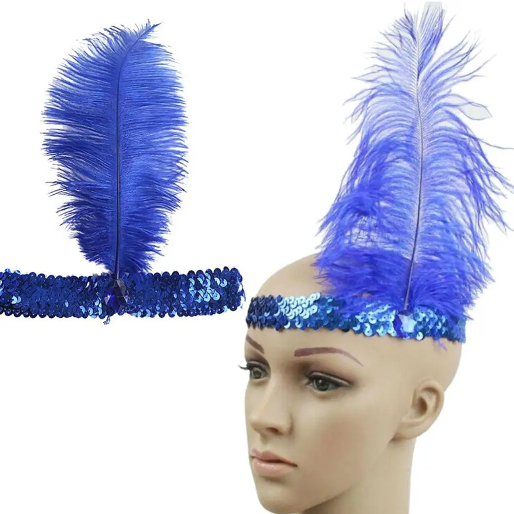Ladies Ostrich Feather Elastic Sequins Belt Headband Flapper Indian Hairband