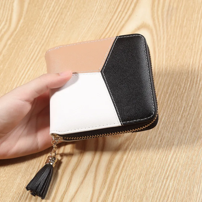 

Patchwork Women Leather Square Wallet Tassels Card Organizer Purse Contrast Color Wallet Ladies Daily Clutches Female Pocket