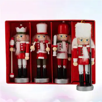 

4 Pcs Wood Walnut Soldier Puppet Showcase Hanging Decor Nutcrackers Ornament for Christmas Tree Home Party (Red)