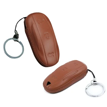 

Leather Keychain Car Smart Remote Key Fob Case Holder Cover For Tesla Model X S Brown Personality Car Protection Accessories