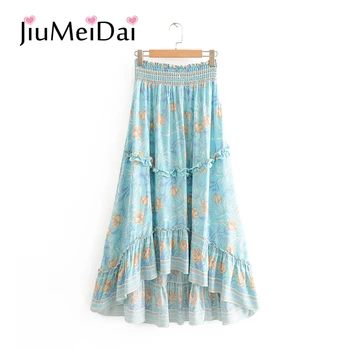 

JiuMeiDai Women High Elasticity Pleated Waist Long Skirt Female Print Spring Ruffles Skirts Party Beach Quality Clothing Vintage