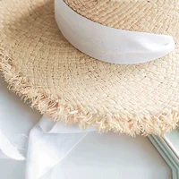 Kid Summer Raw Edges Big Wide Brim Flat Top Lace Black White Green Bandage Raffia Straw Hat Girl Beach Travel Sun Protection Hat 5