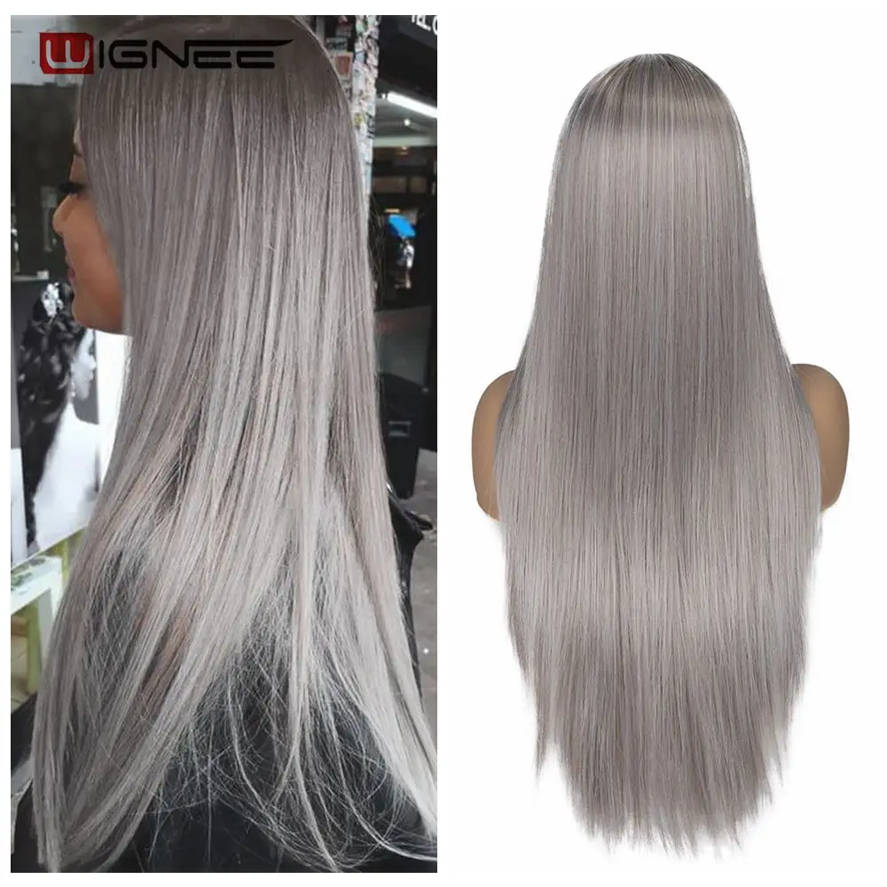 Wignee, длинные прямые волосы, средняя часть, синтетический парик для женщин, Омбре, пепельный блонд/розовый/красный/коричневый/синий, натуральные волосы, женский парик - Цвет: Серебристый серый