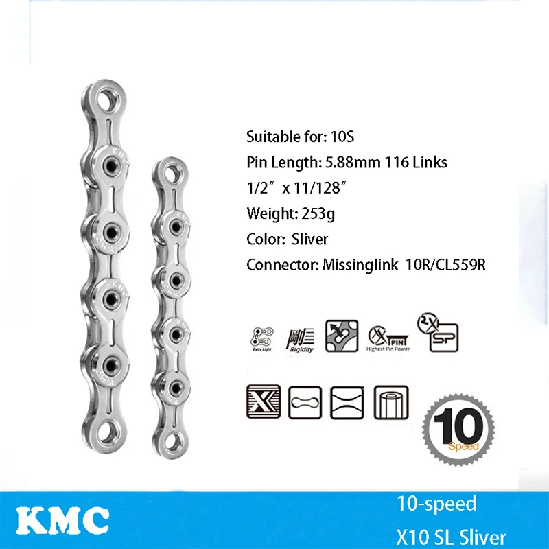 KMC велосипедная цепь X8 X9 X9sl X10 X10sl X11SL X12 велосипедная цепь для Shimano/SRAM 8 9 10 11 12 Скоростей 116л MTB шоссейные велосипедные цепи часть - Цвет: X10 SL silver