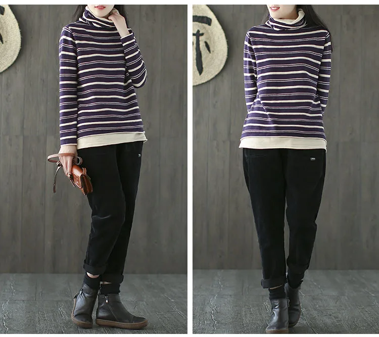 Autumn Striped Sweater Women Fashion Knitting Loose Turtleneck Long Sleeve Fashion Pullovers Sweater Vintage Casual Coat