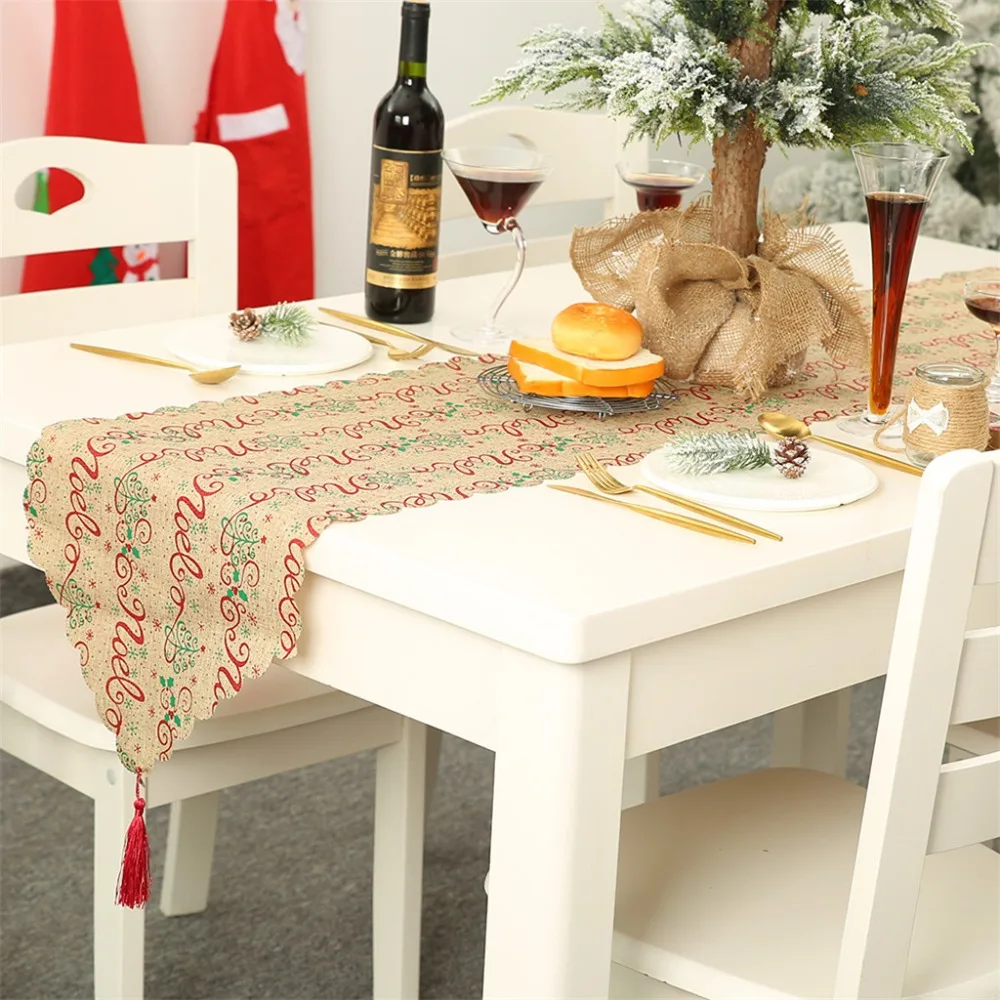 Christmas Decoration Linen Printed Table Flag Table Runner Printed Tassel Tablecloth Placemat Hotel Home Festival Decoration FB