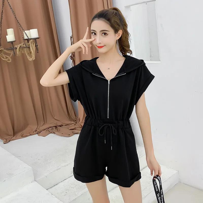 

Summer 2019 New Style Korean-style Hooded Lace-up Waist Hugging Hoodie Jumpsuit Women's INS Short-height Casual Loose Pants