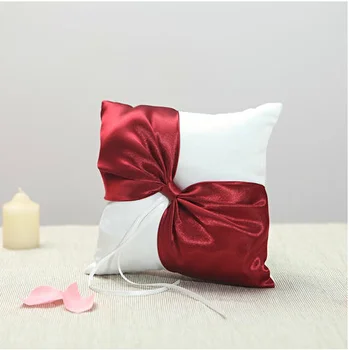 

Wedding Ring Pillow with Wine Red Color Bowknot Satin Lace