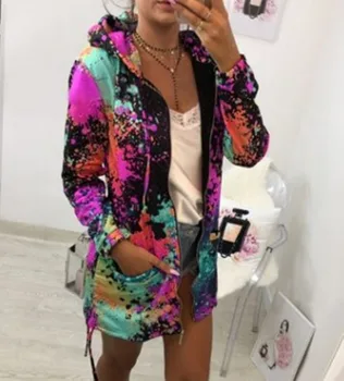 

Jacket Fashion Womens Autumn Female Windbreaker Tie Dyeing Print Coat Outwear Sweatshirt Hooded Jacket Casual Pockets Overcoat