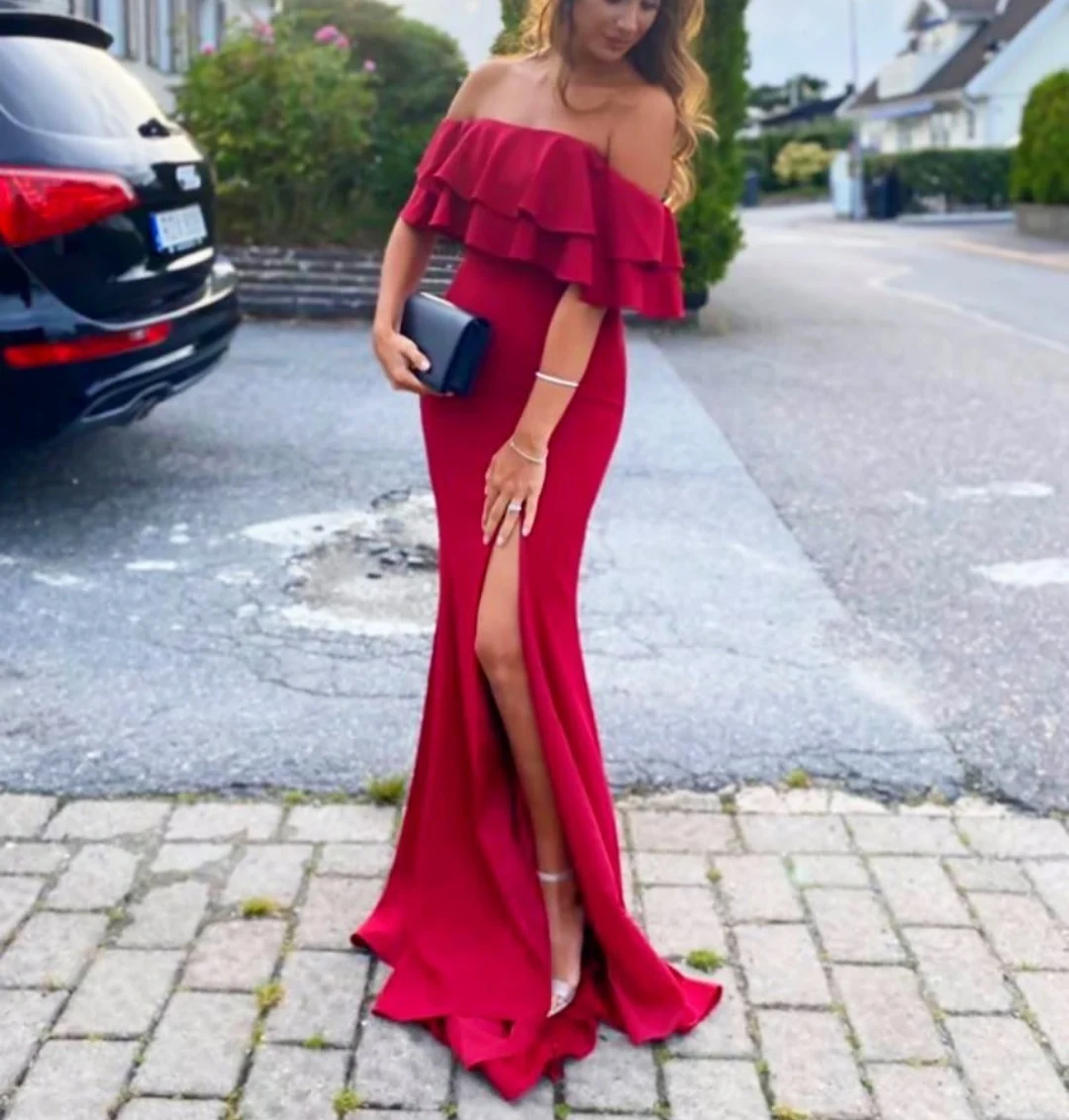 

Elegant Long Off Shoulder Red Satin Evening Dresses with Slit Mermaid Floor Length Zipper Back Formal Party Dress for Women