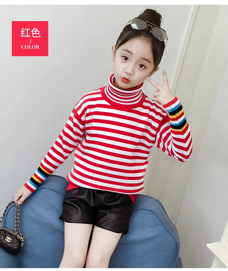 Children's Turtleneck Sweater Baby Girl Red Black Korean Style Pullovers Knitted Striped Sweaters Toddler Kids Fall Top Clothes
