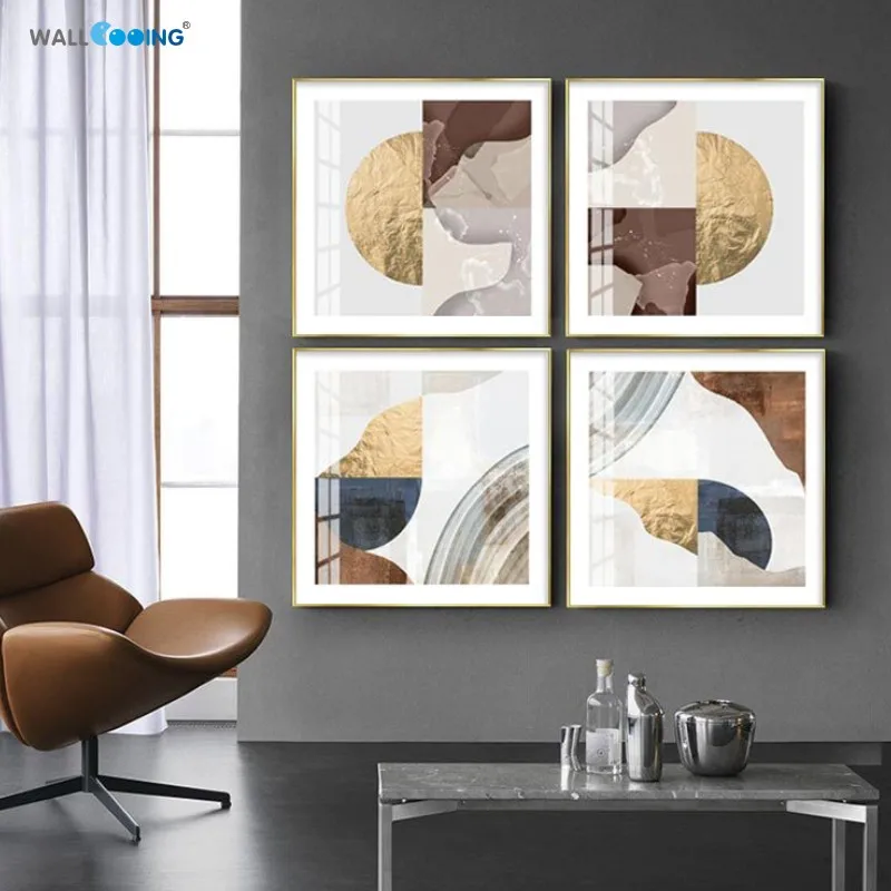 

Modern style decorative painting geometric collage design canvas painting new abstract bedroom wall art poster luxury gold foil