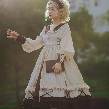 

Vintage lolita dress turn-down collar embroidery kawaii dress falbala bandage gothic lolita op long sleeve victorian dress cos