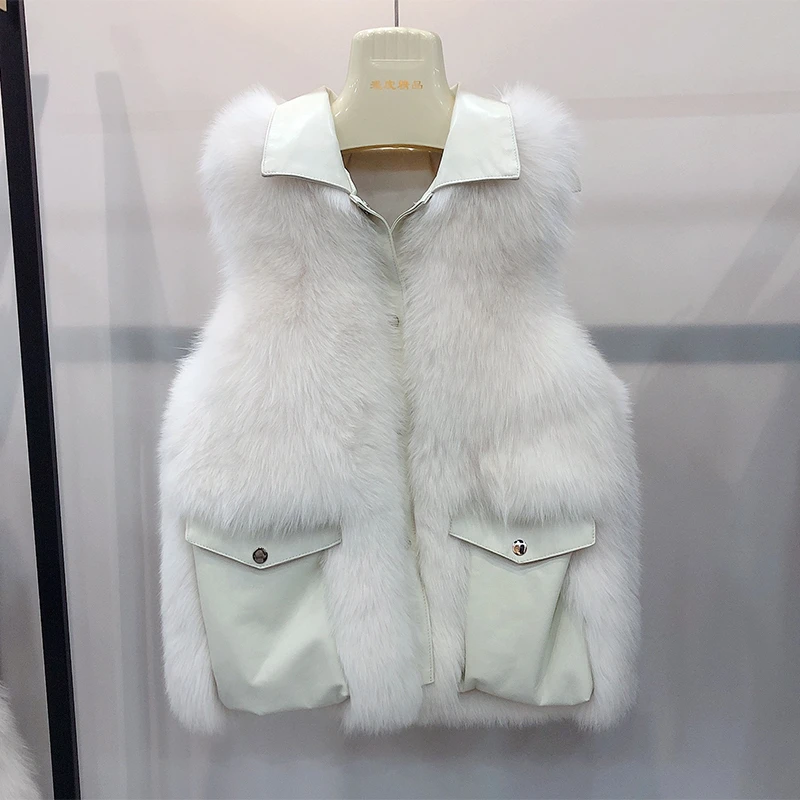 ZDFURS* Настоящий Лисий мех кожа Лоскутная Женская жилетка зимний кожаный женский безрукавный жилет модный короткий женский жилет - Цвет: 1