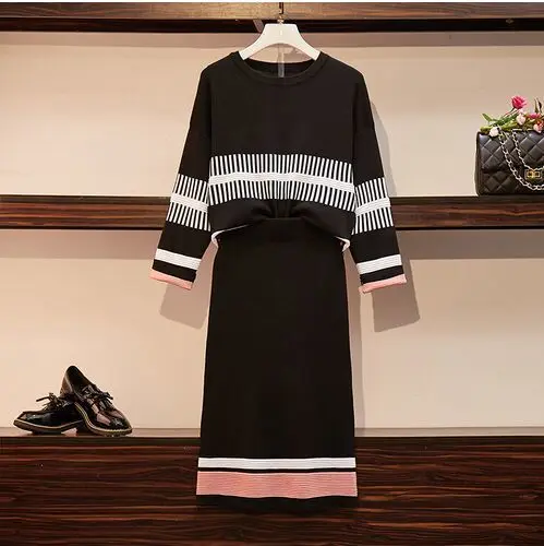 Вязанный полосатый джемпер с длинным рукавом размера плюс, свитера, топы+ эластичные вязаные юбки с высокой талией, женский модный осенний зимний офисный комплект - Цвет: Black