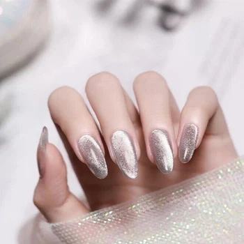 

24pcs/set Long Glitter Fake Nails Round Silver European Opal Design Full Cover False Nails Artificial Nail Decoration Art Tips