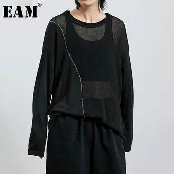 

[EAM] Women Black Knitting Perspective Big Size T-shirt New Round Neck Long Sleeve Fashion Tide Spring Autumn 2020 1R28401