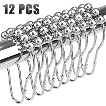 

12pcs Practical Bath Rollerball Shower Curtain Hooks Glide Rings Convenient Home Accessories