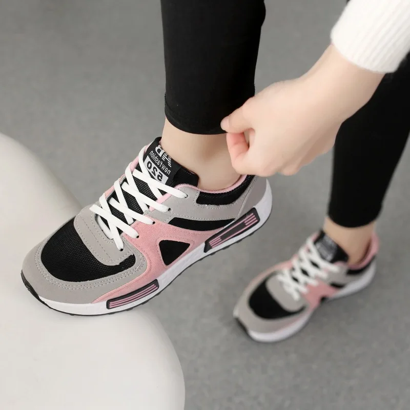 Sneakers women shoes solid breathable mesh casual shoes woman lace-up autumn ladies shoes women sneakers zapatos de mujer - Цвет: Pink