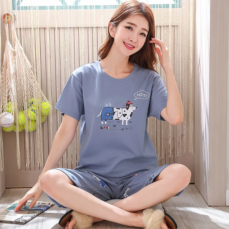 Photo Color Пижамы женские летние хлопковые с коротким рукавом укороченные штаны Двухсекционный пижамный комплект большого размера Свободный Повседневный Удобный домашний сервис - Цвет: Photo Color