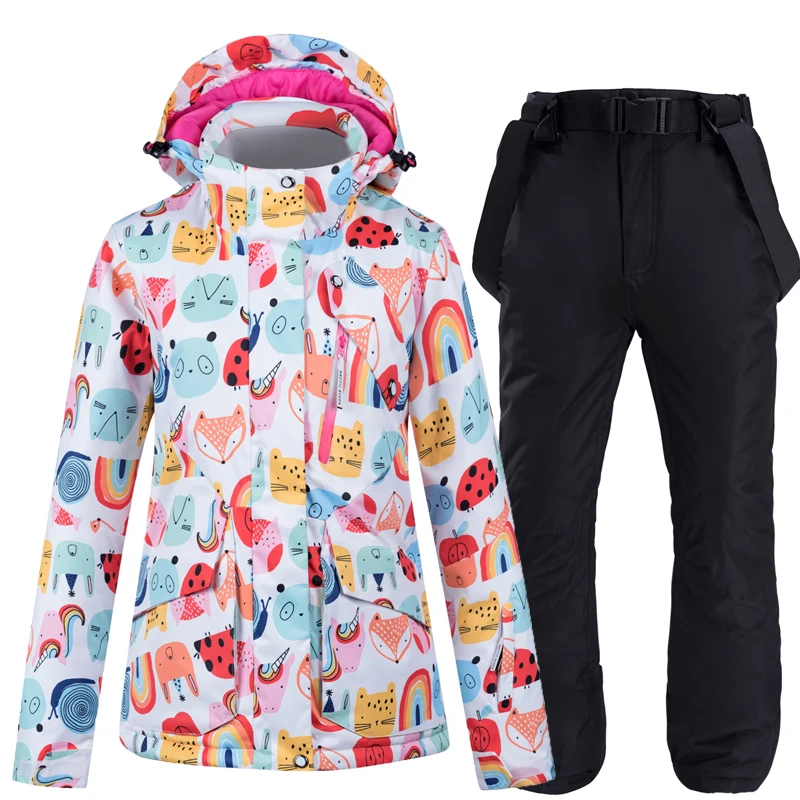 30 Новая красочная женская зимняя одежда, комплект для сноубординга, водонепроницаемый ветрозащитный зимний костюм, лыжная куртка и зимние штаны с ремнем - Цвет: picture jacket pant