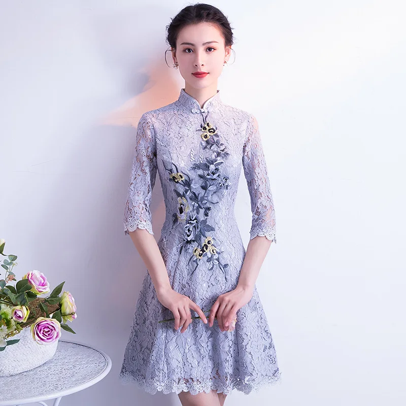 Сексуальное Мини Cheongsam Летнее традиционное китайское стильное платье женские кружевные короткие Qipao тонкие вечерние платья с пуговицами Vestido xs-xxxl