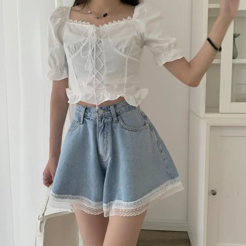 Women Summer Kawaii Sexy Blue Shorts 2021 Cute Girls Fashion All-Match Casual Solid Color Denim Lace Shorts yoga shorts