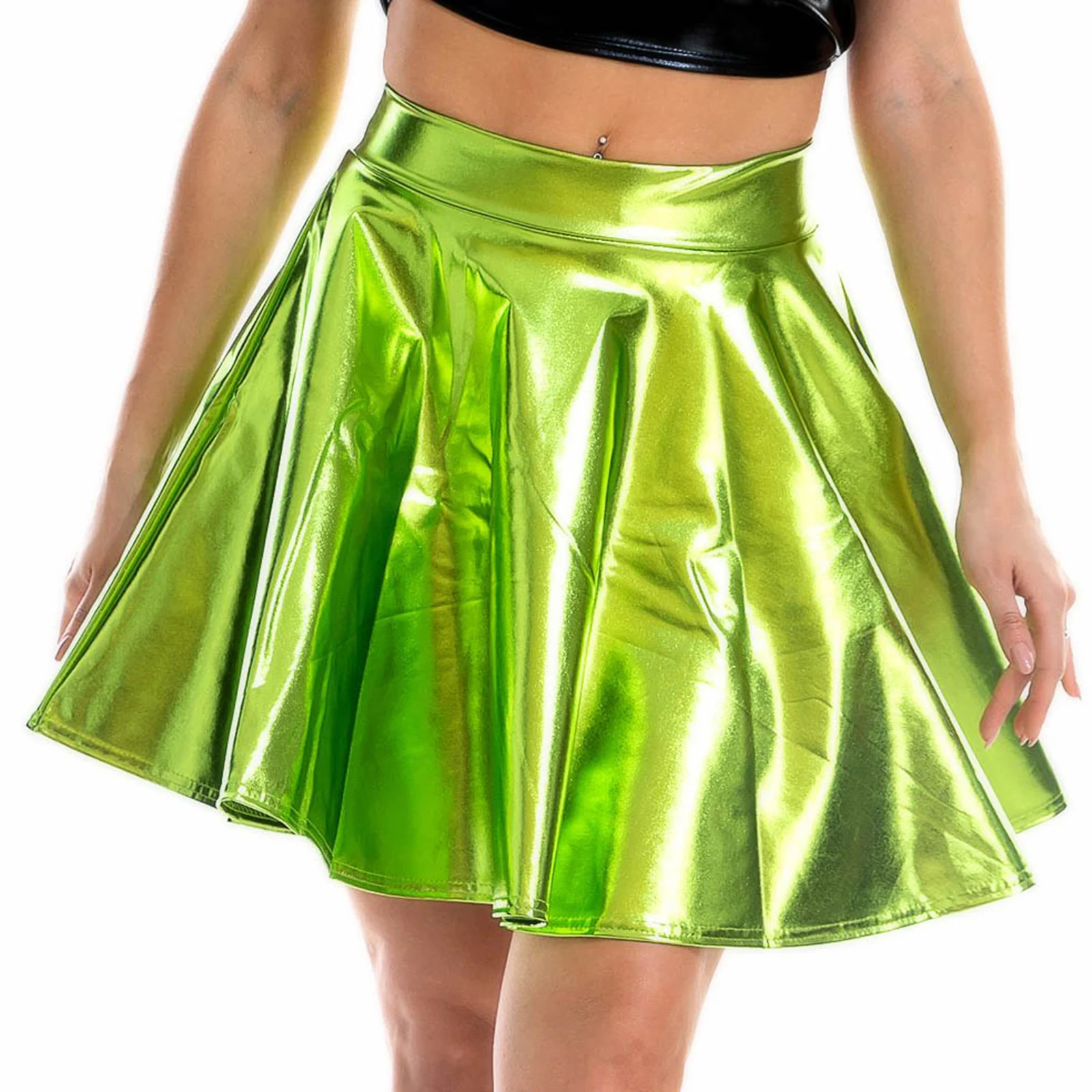 Womens Glossy High Waist Flare Skirt Club Stage Costume Party Dancewear Shiny Metallic Wetlook Clubwear Ruffle Bottom Hem Skirts 4