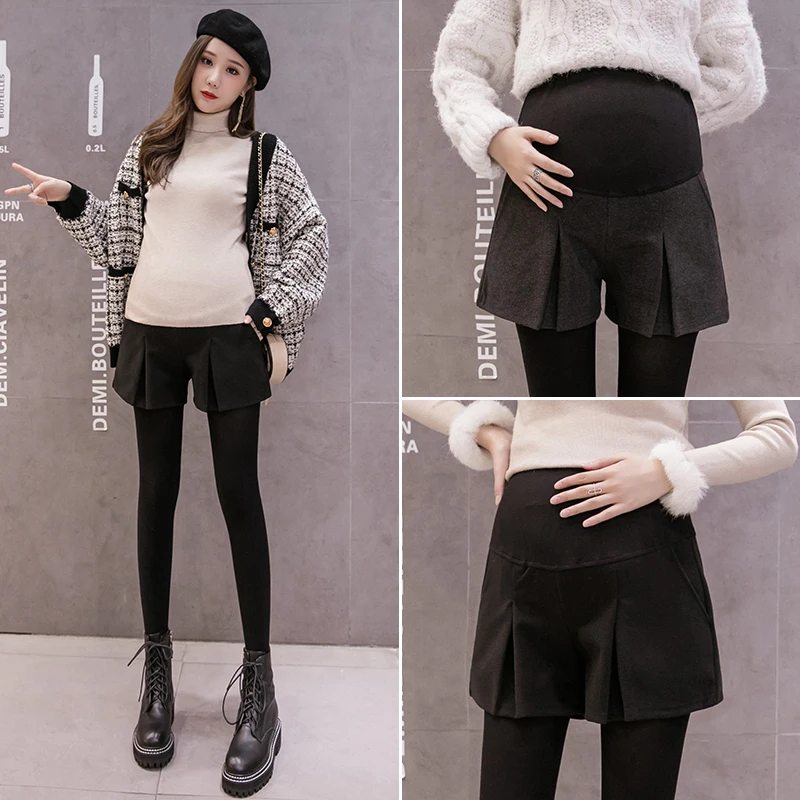 Зимние хлопковые шорты для беременных женщин, модные широкие брюки с высокой талией, плиссированные шерстяные короткие брюки для беременных