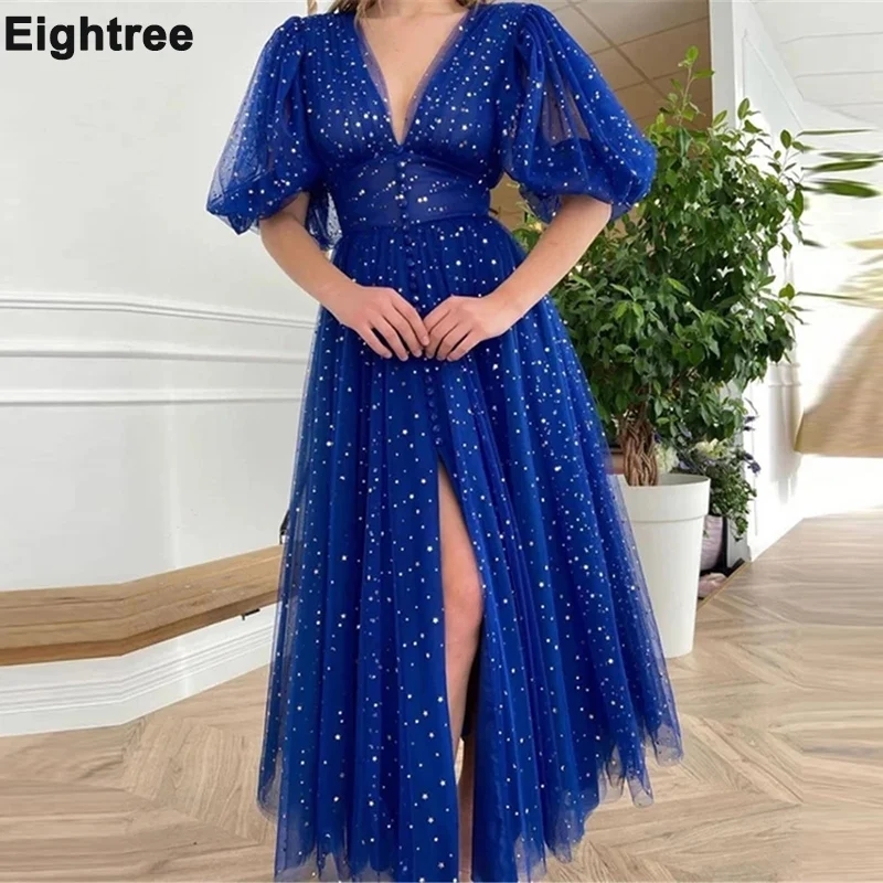 

Eightree Royal Blue V Neck Prom Dresses Puff Sleeves A-Line Short Evening Dresses Starry Tulle Tea-Length Formal Party Gowns