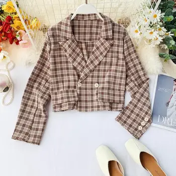 

Foamlina 2019 New Autumn Women Blazer Coat Elegant Notched Collar Long Sleeved Plaid Print Vintage Style Short Coat
