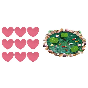 

3D Pool Wall Sticker Waterproof Lotus Pond Gold Fish with 60Pcs/Pack Hearts Cute Wall Sticker
