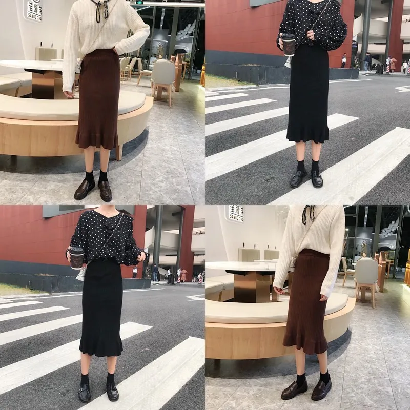 Midi Skirt Women High Waist Vintage Office Lady Kintted Cotton Faldas Sexy Female Trumpet Skirts Saia jupe Autumn Skirt NEW