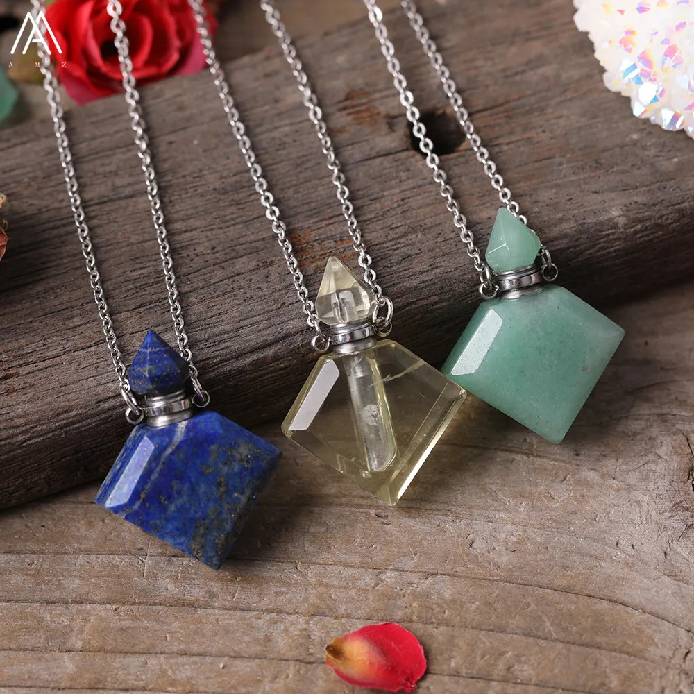 Fashion Women Natural Stone Essential Oil Jewelry Lapis Lemon Quartz Fluorite Perfume Bottle Pendant Necklace For | Украшения и